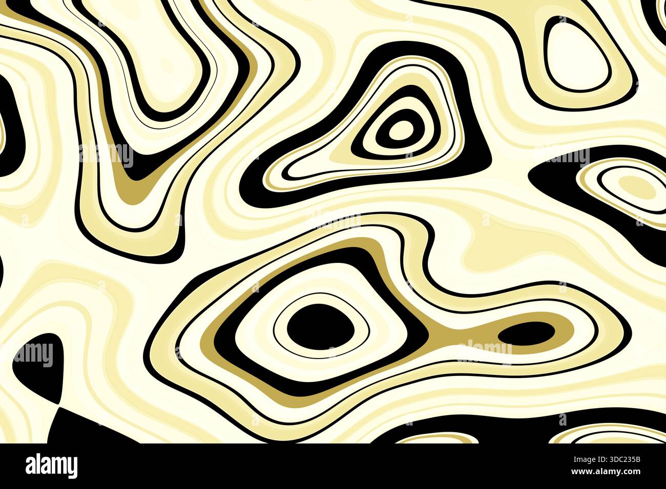 Illustrazione digitale astratta con linee di contorno fluide che formano forme organiche in giallo, crema, beige e nero. Sfondo decorativo per un moderno stile de Foto Stock