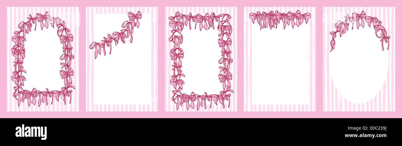 Collezione di carte in stile Girly Coquette. Modelli Vintage disegnati a mano con ghirlande di archi, su sfondo a righe. Decorazioni romantiche per biglietti d'auguri, inviti, matrimoni, San Valentino. Illustrazione Vettoriale