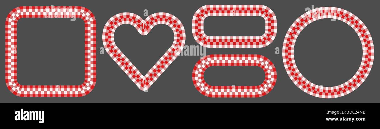 Telai vettoriali a plaid di bufali rossi e bianchi, bordi a cuore, cerchio e quadrati con motivo a quadri invernale Illustrazione Vettoriale