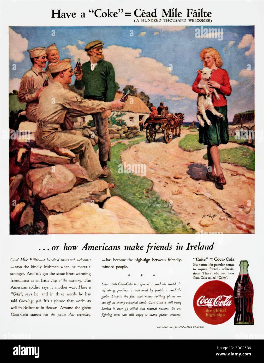 Pubblicità vintage per Coca-Cola con riferimento a come GIS americano fanno amicizia in Irlanda Foto Stock