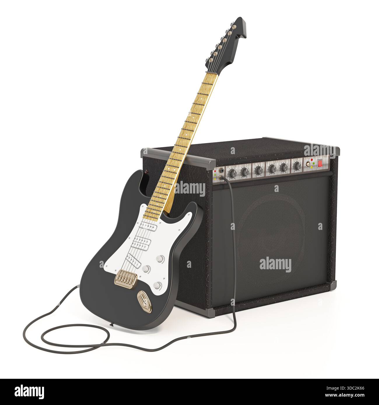 Amplificatore e chitarra elettrica isolati su sfondo bianco. Illustrazione 3D. Foto Stock