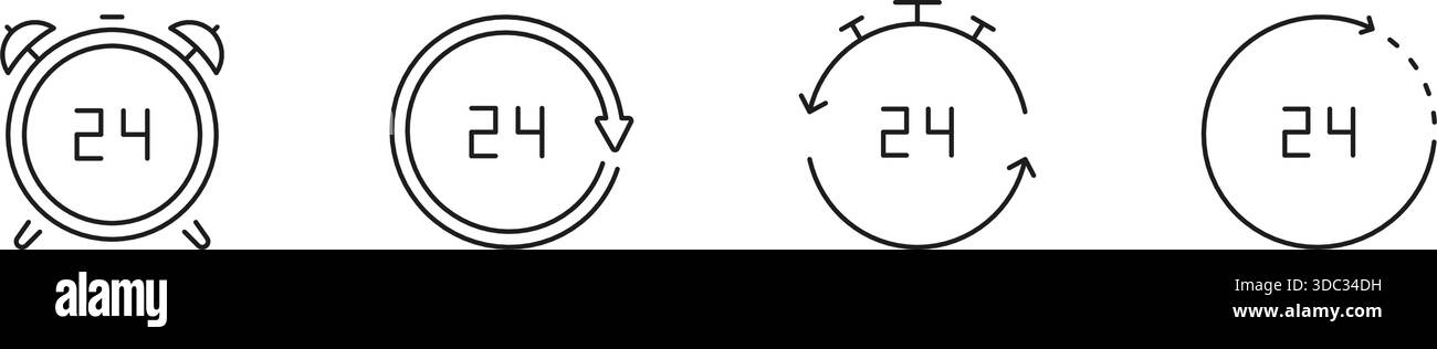 Set di icone linea ciclo temporale 24 ore. Raccolta dei simboli di riferimento per il funzionamento continuo, la disponibilità e la durata del servizio. Gestione del tempo e pianificazione Illustrazione Vettoriale