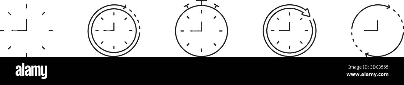 Set di icone della linea di gestione dell'orologio e dell'ora. Tracciamento del tempo, pianificazione e raccolta dei simboli di contorno cronometro. Gestione e pianificazione efficienti del tempo Illustrazione Vettoriale