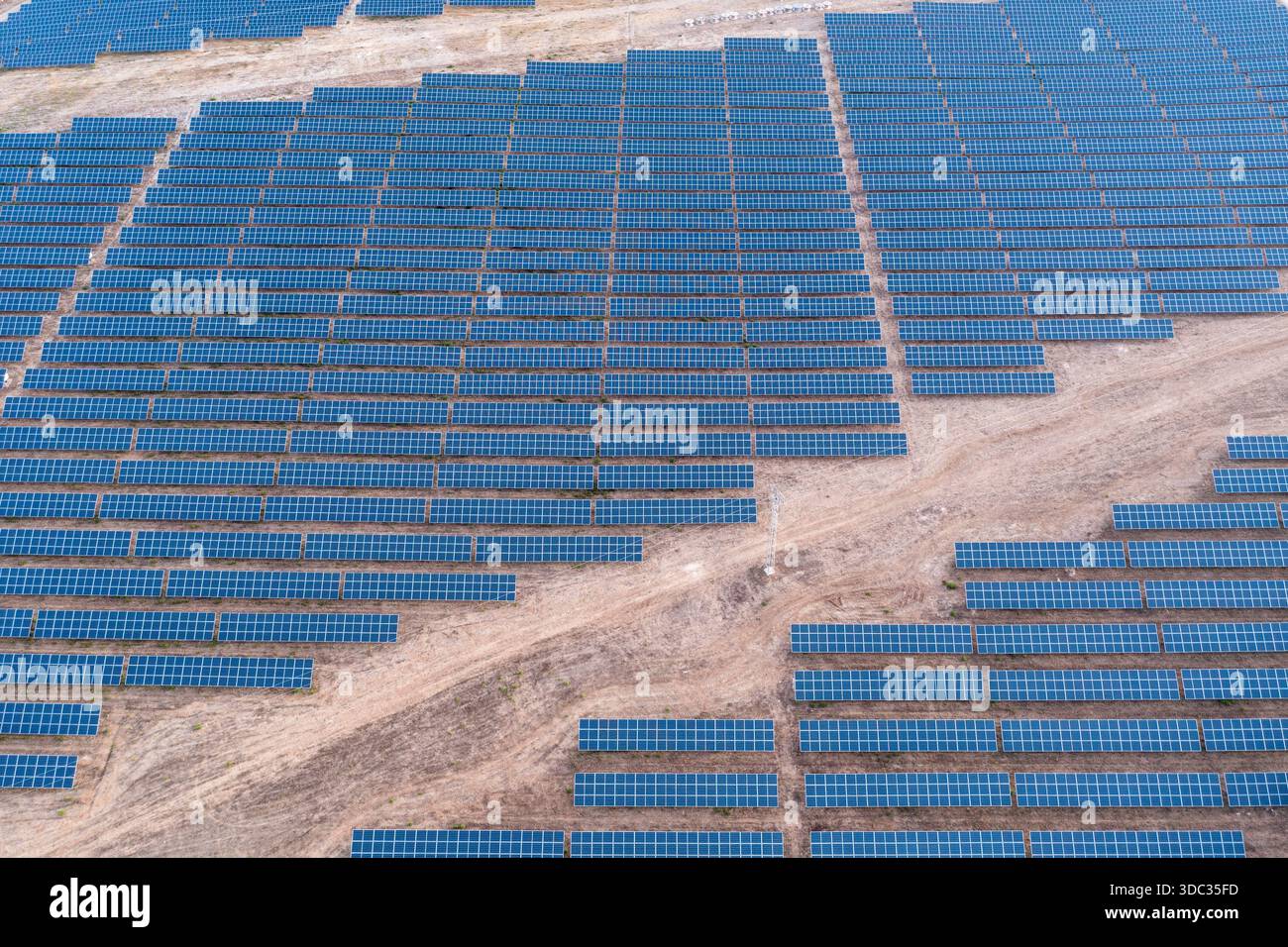Campo di pannelli solari per produrre elettricità Foto Stock