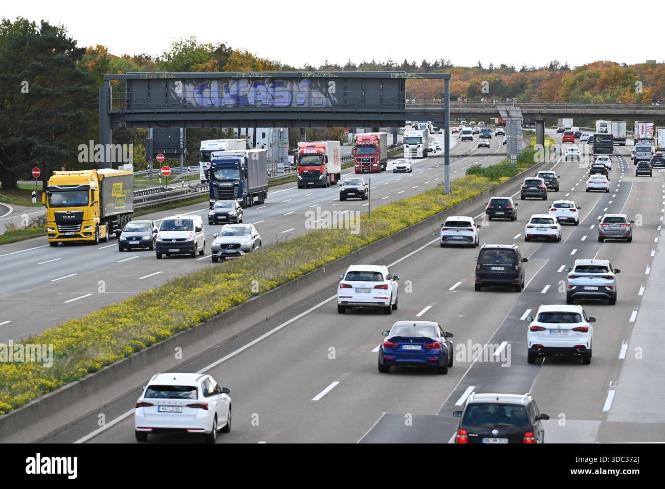 LKW und PKW-Verkehr auf der Autobahn A 5 bei Frankfurt Zeppelinheim, AM 23.10.2025, *** traffico di autocarri e automobili sulla superstrada A 5 vicino a Frankfurt Zeppelinheim, il 23 10 2025, Foto Stock