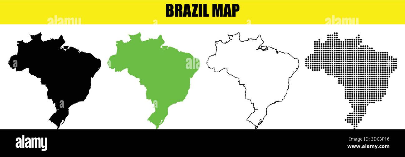 Collezione di grafici delle mappe del brasile con contorno nero pieno rappresentazioni verde e tratteggiate su sfondo bianco con testo del titolo Illustrazione Vettoriale