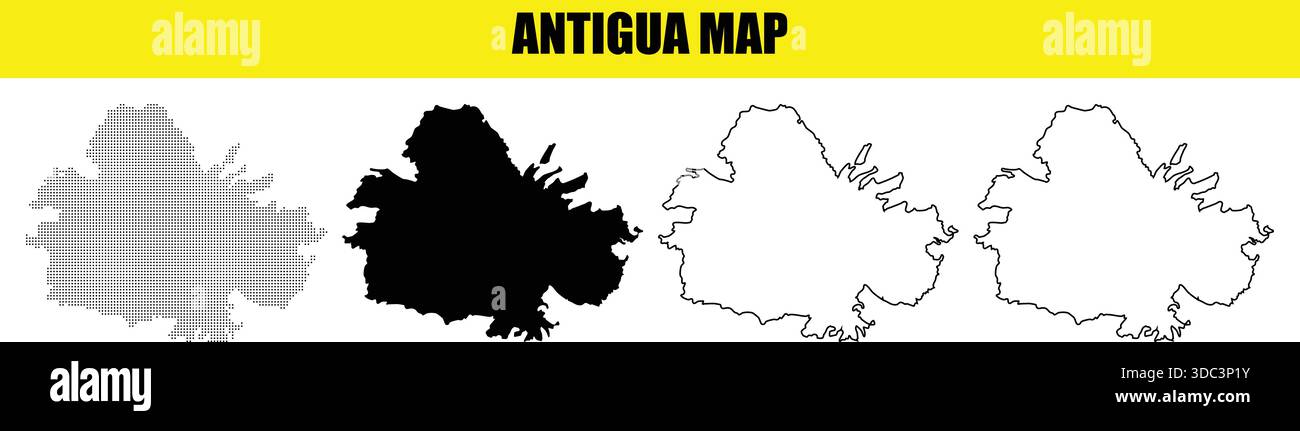 Collezione di mappe dell'isola di antigua, tra cui un contorno punteggiato rappresentazioni d'arte a linee piene e dettagliate su sfondo bianco con un He giallo Illustrazione Vettoriale