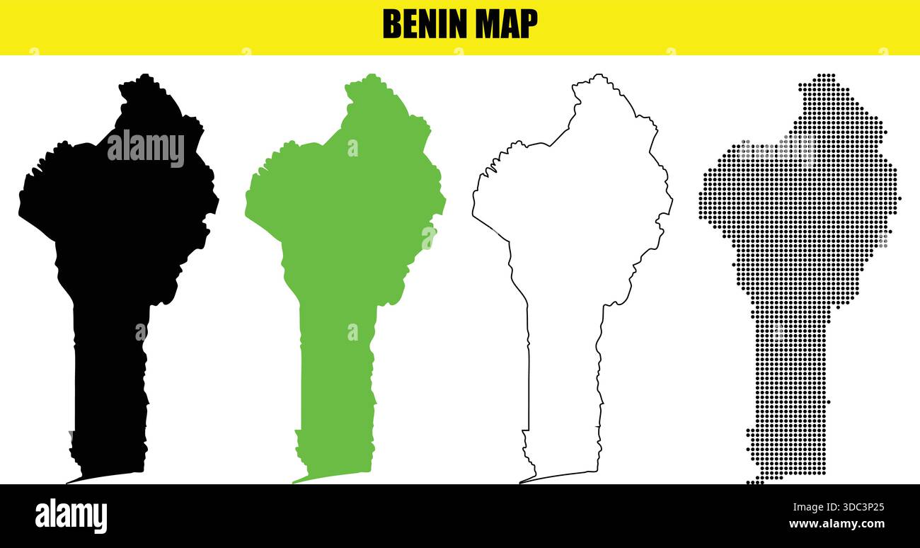 Illustrazione della mappa del Benin con silhouette nera contorno pieno di verde e stili punteggiati su sfondo bianco con intestazione gialla che dice mappa benin Illustrazione Vettoriale