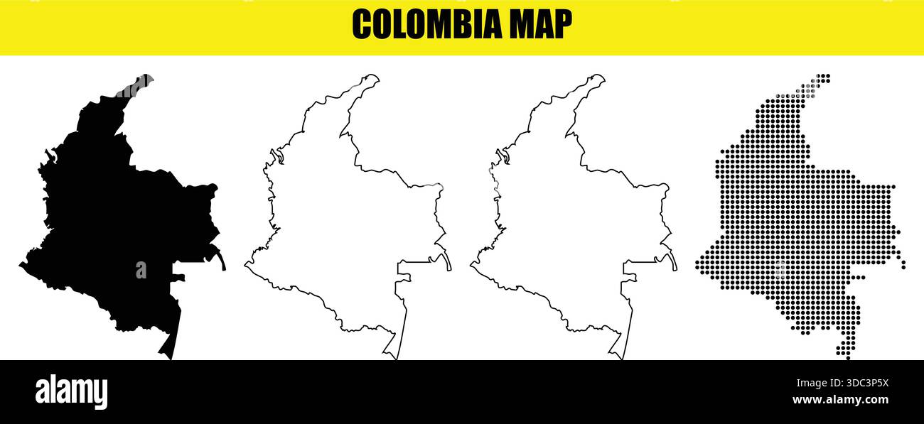 Illustrazioni della mappa della Colombia in vari stili, tra cui nero pieno, contorno e mezzitoni su sfondo bianco Illustrazione Vettoriale