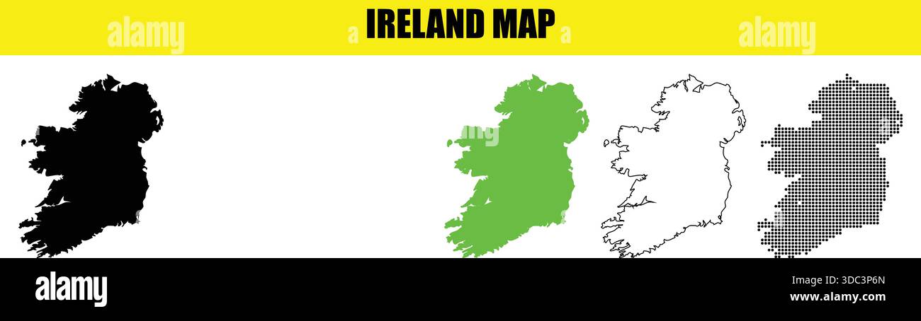 Mappa dell'Irlanda in diversi stili, nero, verde, contorno e mezzitoni, isolato su sfondo bianco Illustrazione Vettoriale