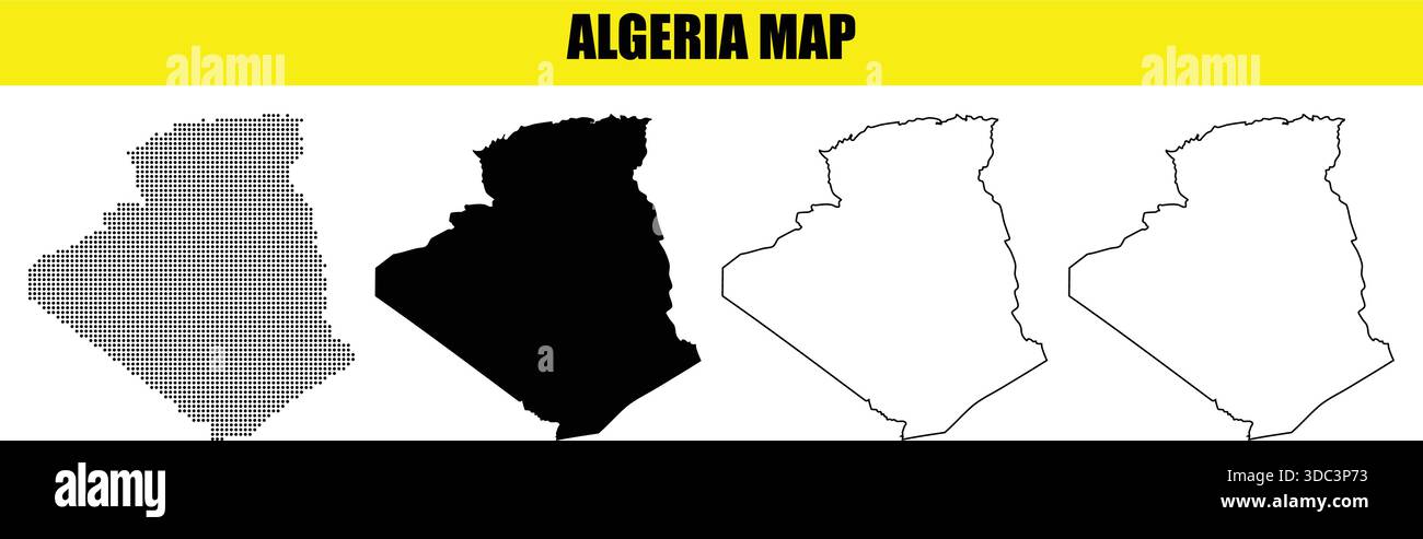 Una raccolta di mappe stilizzate dell'Algeria. Il set presenta una silhouette nera tinta unita, contorni neri semplici e un moderno patte a mezzitoni punteggiati Illustrazione Vettoriale