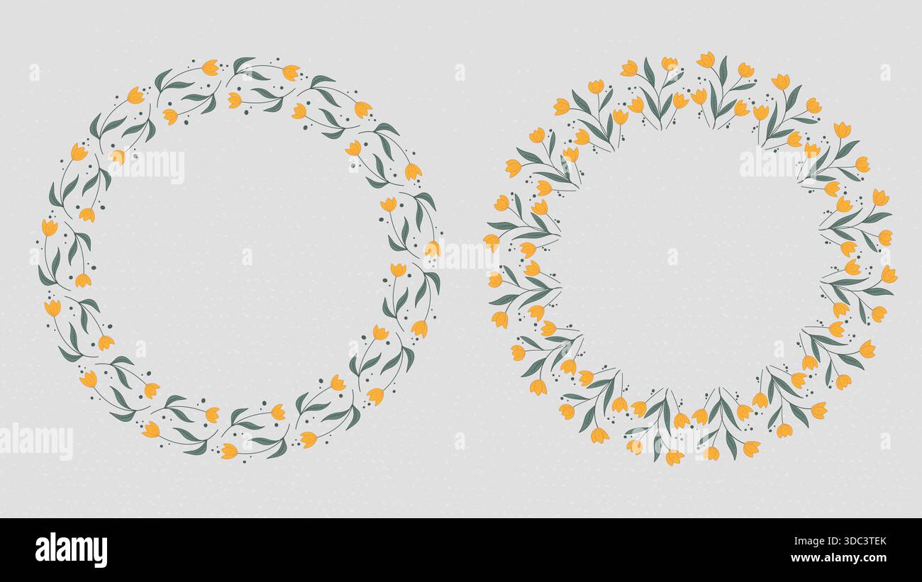 Bordo corona circolare fiori gialli foglie illustrazione Art su sfondo grigio. Riquadro vettoriale Illustrazione Vettoriale