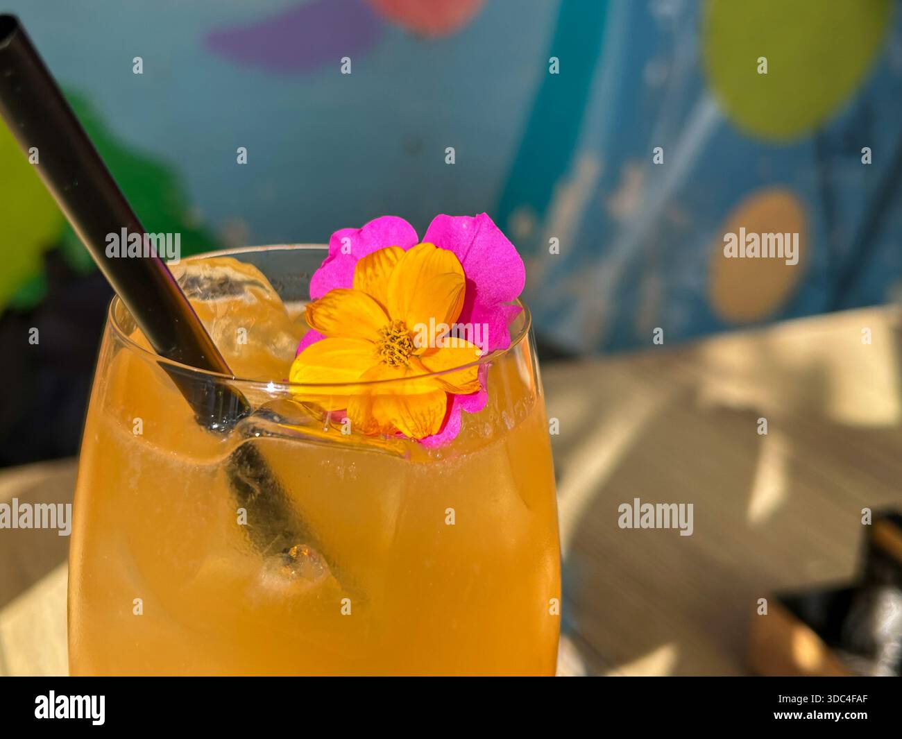 Primo piano di un rinfrescante cocktail estivo all'arancia servito con ghiaccio, paglia nera e fiori commestibili colorati. Luce solare intensa e sfondo artistico. - Immagine stock catturata con smartphone