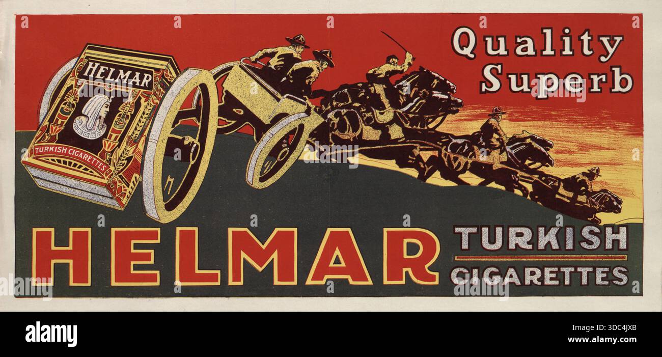 Qualità superba: Sigarette turche Helmar. Scatola di sigarette Helmar trainata da un carro d'artiglieria trainato da cavalli. Poster pubblicitario per prodotti a base di tabacco Foto Stock