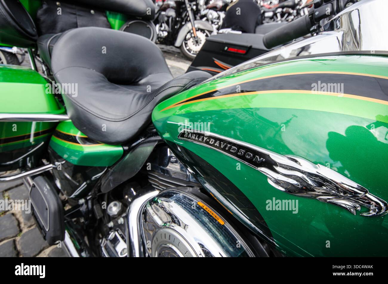 Dettaglio motociclistico Harley-Davidson verde con logo serbatoio cromato al rally Harley di Varsavia. Foto Stock