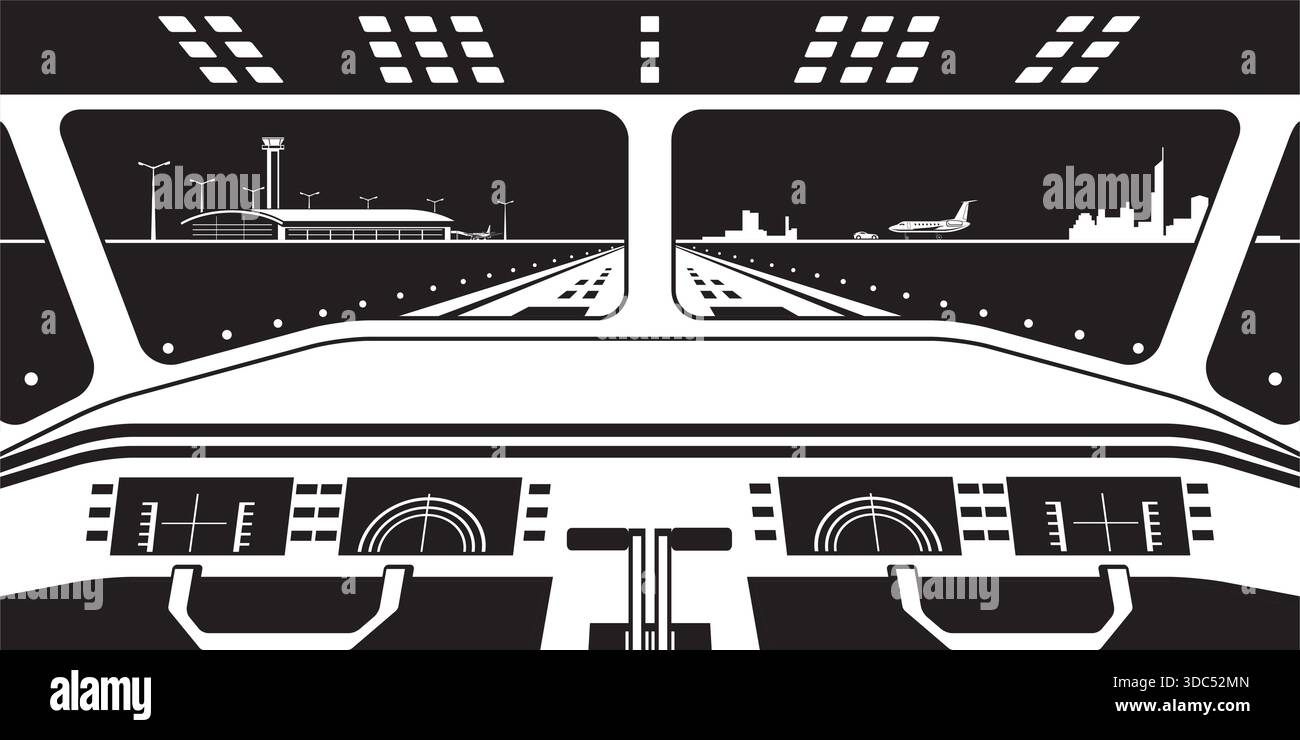 Vista del terminal dell'aeroporto dalla cabina di pilotaggio dell'aereo atterrando di notte - illustrazione vettoriale Illustrazione Vettoriale