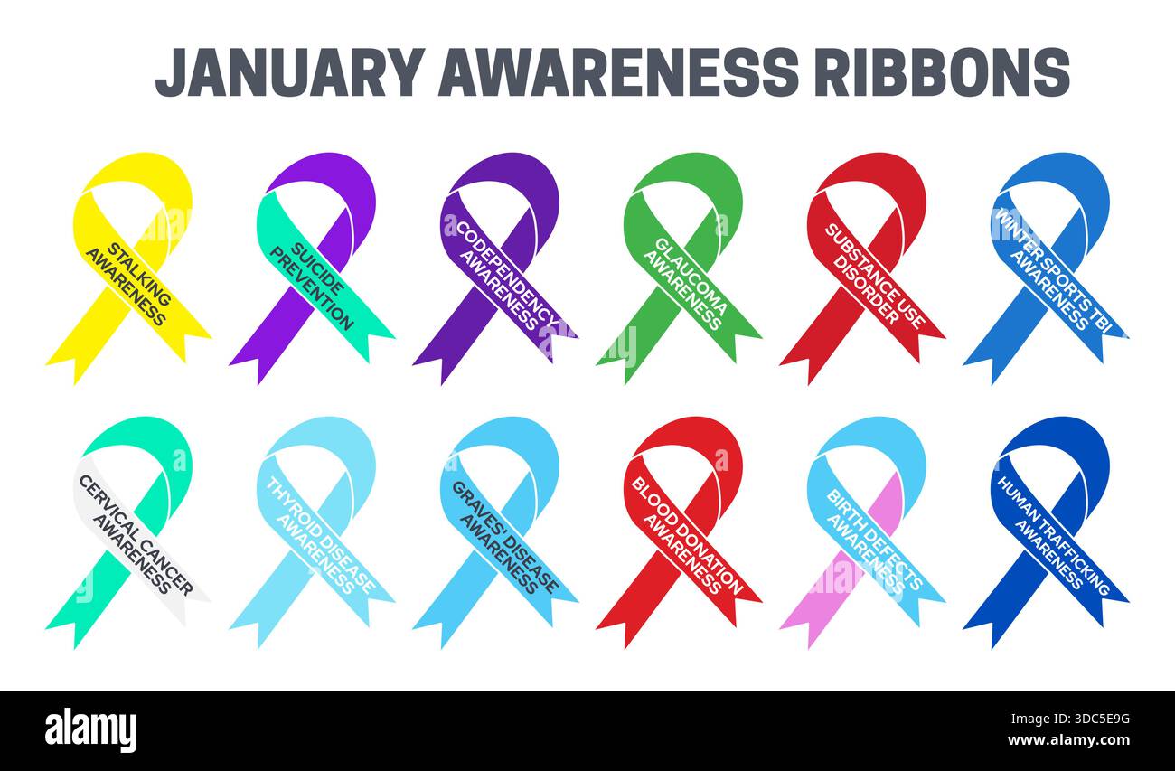 Gennaio Awareness Ribbons impostato per stalking, suicidio, codipendenza, glaucoma, disturbo da uso di sostanze, trauma cranico degli sport invernali, cancro cervicale, dimari tiroidei Illustrazione Vettoriale