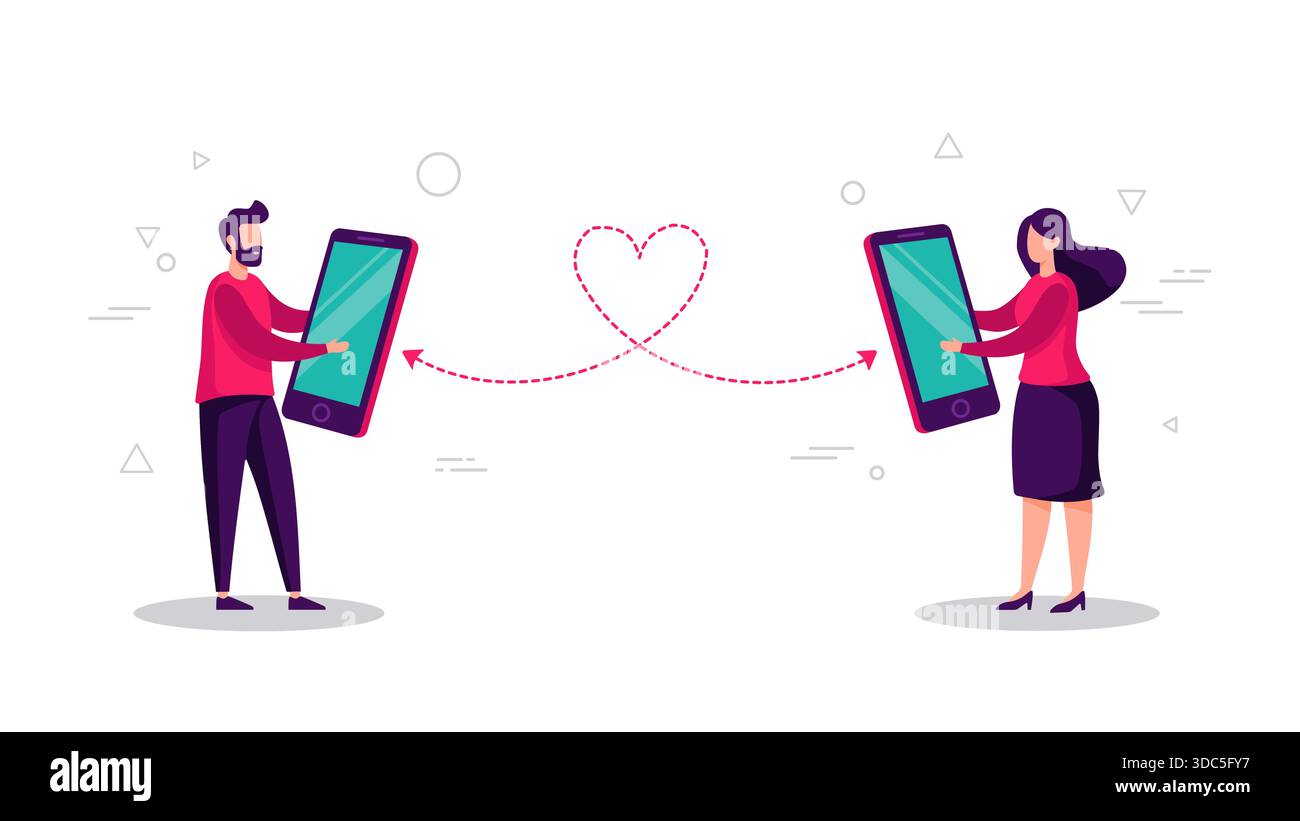 Un uomo e una donna che tengono in mano grandi telefoni cellulari, rappresentano l'amore digitale, le relazioni virtuali e la connessione ai social media in uno stile piatto. Illustrazione Vettoriale
