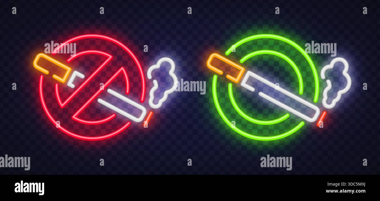 Icone vettoriali al neon che mostrano simboli che non sono ammessi fumare e fumare con sigaretta e fumo accesi. Perfetto per cartelli pubblici, interni di club e caffetterie Illustrazione Vettoriale