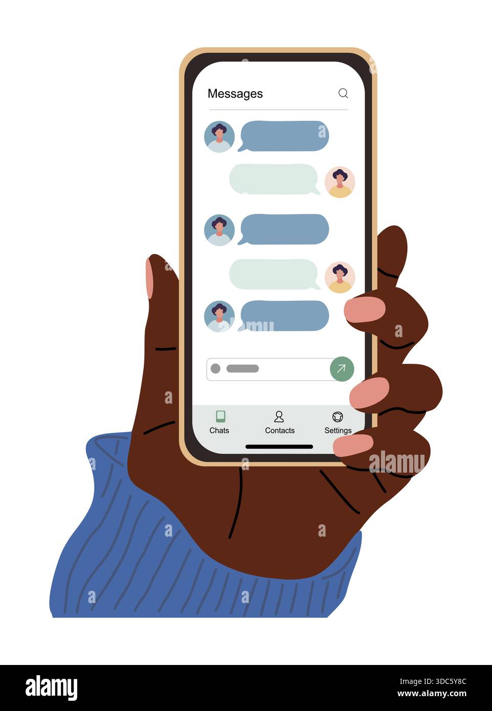 Mano con pelle scura che tiene in mano uno smartphone Illustrazione Vettoriale