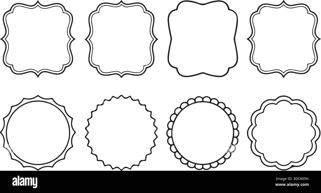 Set di otto cornici monogramma vuote decorative e bordi scalati Illustrazione Vettoriale