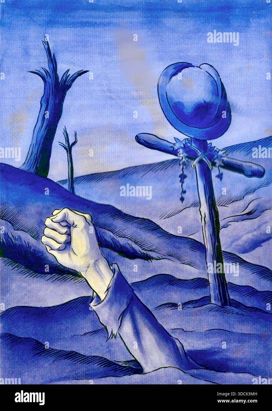Albert Daenens (1883-1952) - il pugno dalla tomba - 1920 - l'immagine è altamente simbolica, con un pugno armato che emerge dal suolo. Sembra rappresentare temi di lotta, liberazione o risurrezione, contrastando lo sforzo umano con un possibile simbolo (croce e cappello) in un paesaggio arido. Daenens era associato ad anarchici e pacifisti belgi e spesso creava illustrazioni e manifesti con forti commenti sociali o politici. Foto Stock