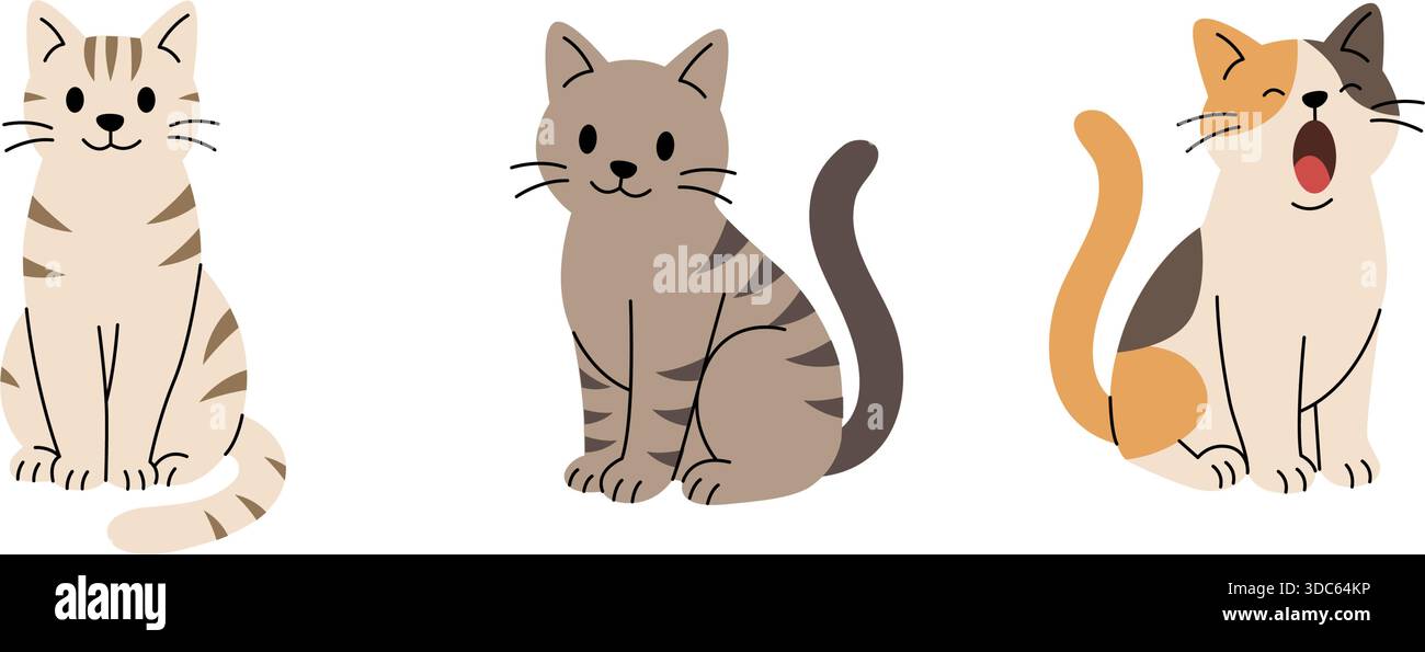 Set di tre gatti cartoni animati seduti e sbadiglianti. Illustrazioni vettoriali piatte di graziosi felini a righe e calico Illustrazione Vettoriale