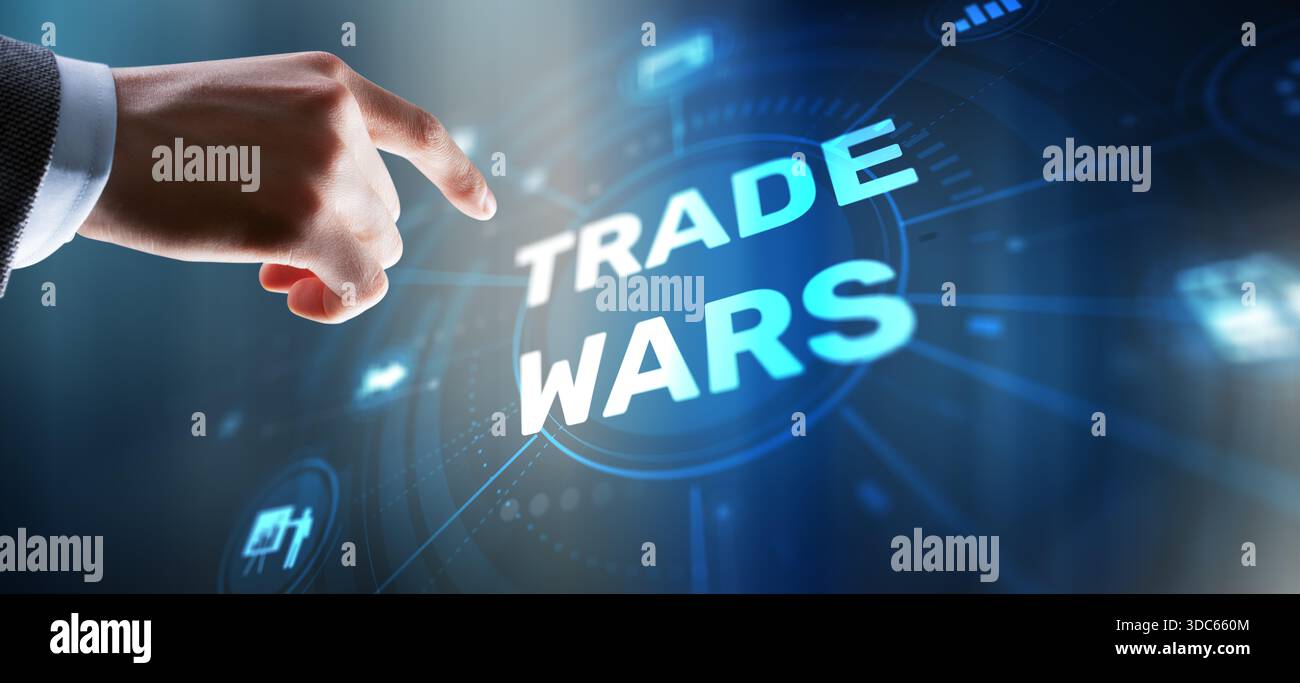 Guerre commerciali internazionali con sanzioni economiche e barriere tariffarie che colpiscono i mercati globali. Foto Stock