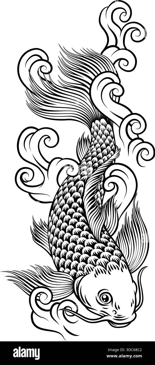 Koi Carp Fish Vintage Giapponese in stile Woodcut Art Illustrazione Vettoriale