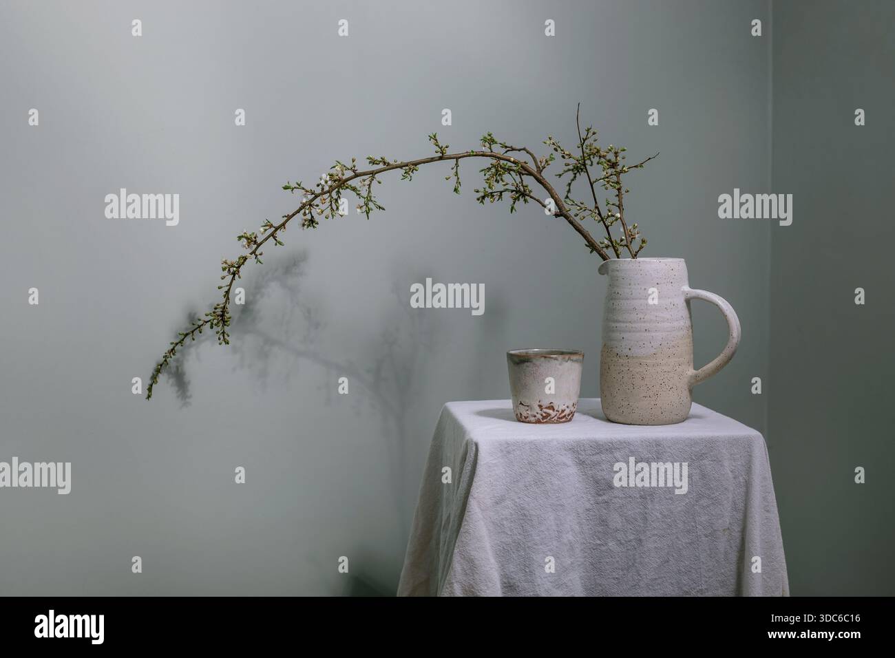 Caraffa in ceramica con tazza piccola con ramoscello ricurvo su un tavolo in tessuto bianco contro la parete verde salvia. Estetica minimalista con ombre naturali. Foto Stock