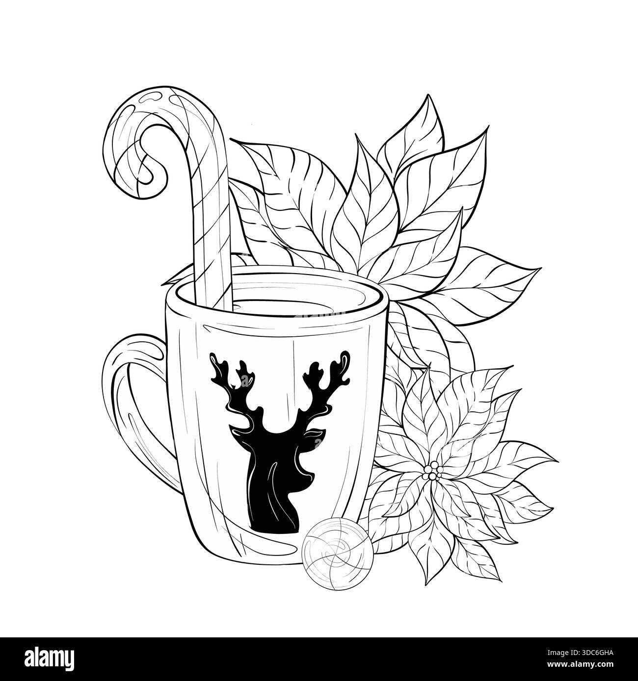 Bevanda calda con Candy cane e foglie festive in stile invernale per incontri intimi momenti confortevoli e feste stagionali Illustrazione Vettoriale