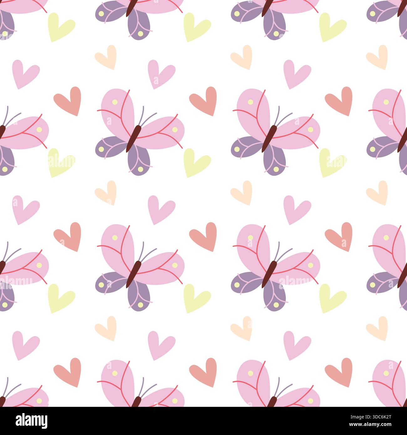 Simpatico motivo a farfalla senza cuciture con cuori in colori pastello Illustrazione Vettoriale