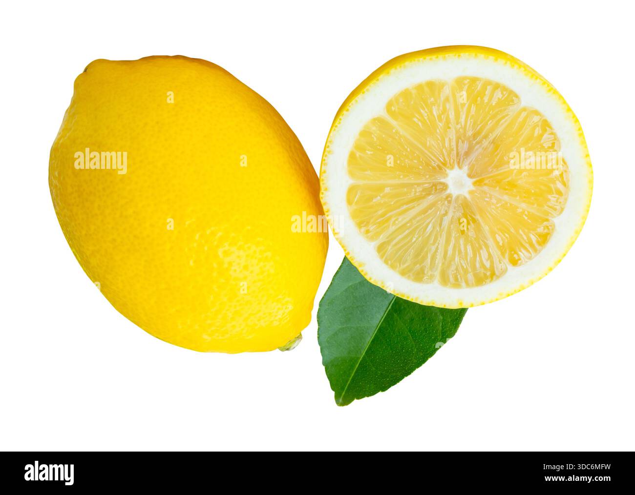 La vista frontale del limone giallo maturo con metà o fetta a forma circolare e la foglia verde nella pila è isolata su sfondo bianco con percorso di ritaglio. Foto Stock