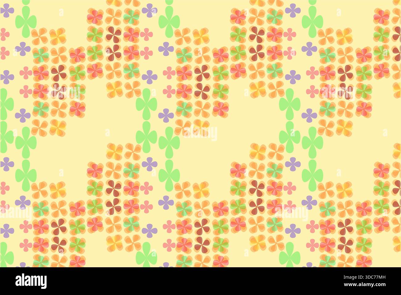 Questo lussuoso motivo vettoriale senza cuciture presenta piccoli motivi floreali a quattro petali disposti simmetricamente su un morbido sfondo giallo pastello. Featu Illustrazione Vettoriale
