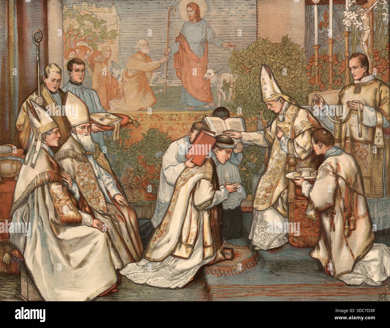 Scena di storia biblica, consacrazione episcopale, un importante sacramento in molte chiese cristiane, che rappresenta l'iniziazione all'episcopato attraverso la posa delle mani e la preghiera fino alla pienezza del sacerdozio, autentica riproduzione di un muro scolastico, storico, circa 1900 Foto Stock