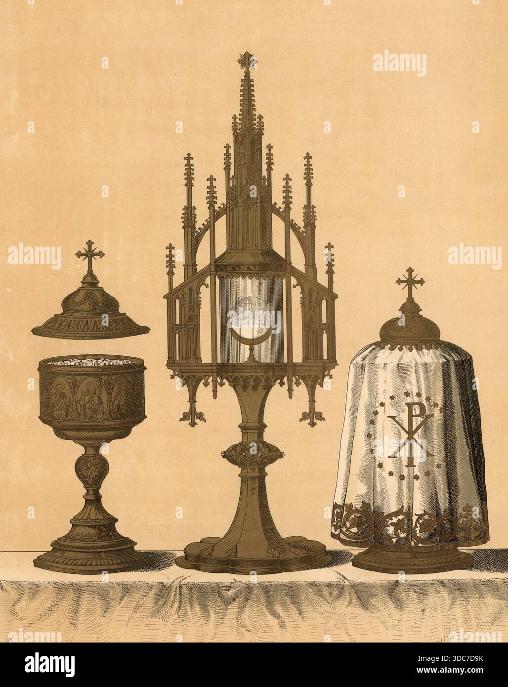 Scena di storia biblica, vasi liturgici, calice, calice, patene, mostruosità e calice velato, oggetti importanti della liturgia cattolica, riproduzione autentica di un parrucchiere scolastico, storico, circa 1900 Foto Stock