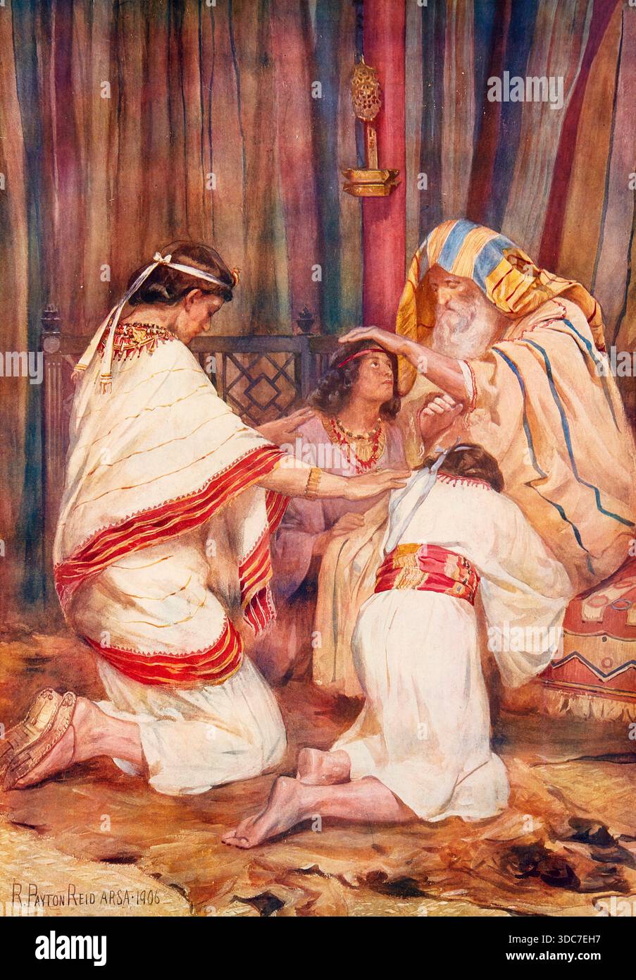 Una scena della storia biblica, la benedizione di Giacobbe sui figli di Giuseppe, Manasse ed Ephraim, è un'importante storia biblica, riproduzione autentica di un poster scolastico, storico, circa 1900. Foto Stock