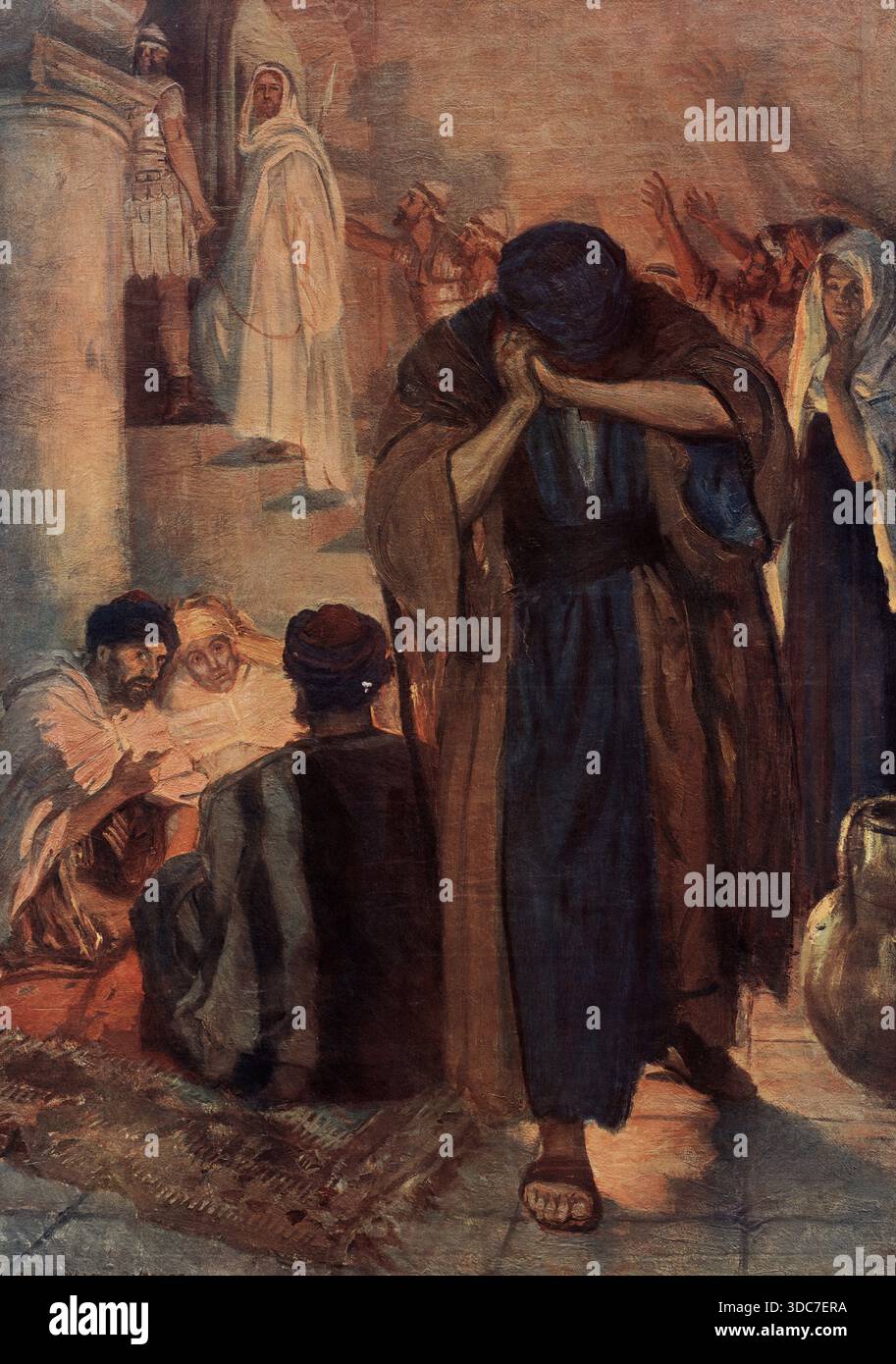 Una scena dalla storia biblica: Gesù e Pietro avevano una relazione fondamentale. Gesù chiamò il pescatore Pietro, che divenne uno dei suoi discepoli più importanti e lo riconobbe come Messia. Riproduzione autentica di un poster scolastico, storico, circa 1900. Foto Stock