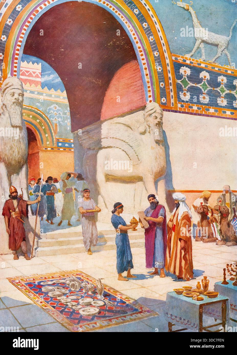 Scena dalla storia biblica: Gli ebrei lasciano Babilonia dopo l'esilio babilonese, un periodo in cui furono banditi dall'Impero neo-babilonese dopo che Gerusalemme fu conquistata nel 586 a.C.. Riproduzione autentica di un poster scolastico, storico, circa 1900. Foto Stock