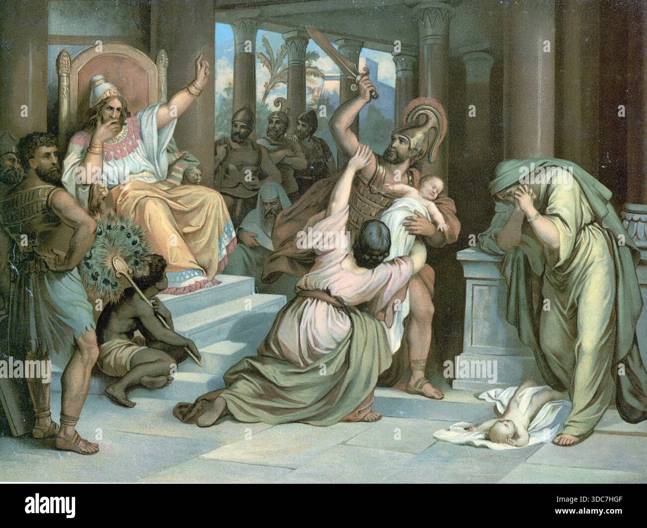 "Scena della storia biblica, il giudizio di Salomone, una famosa storia biblica in 1 Re 3, in cui Re Salomone, attraverso la sua saggezza divina, riconosce la vera madre di un bambino ordinando che sia diviso, dopodiché la vera madre preferisce abbandonare il bambino piuttosto che ucciderlo; riproduzione autentica di un muro scolastico, storico, circa 1900" Foto Stock