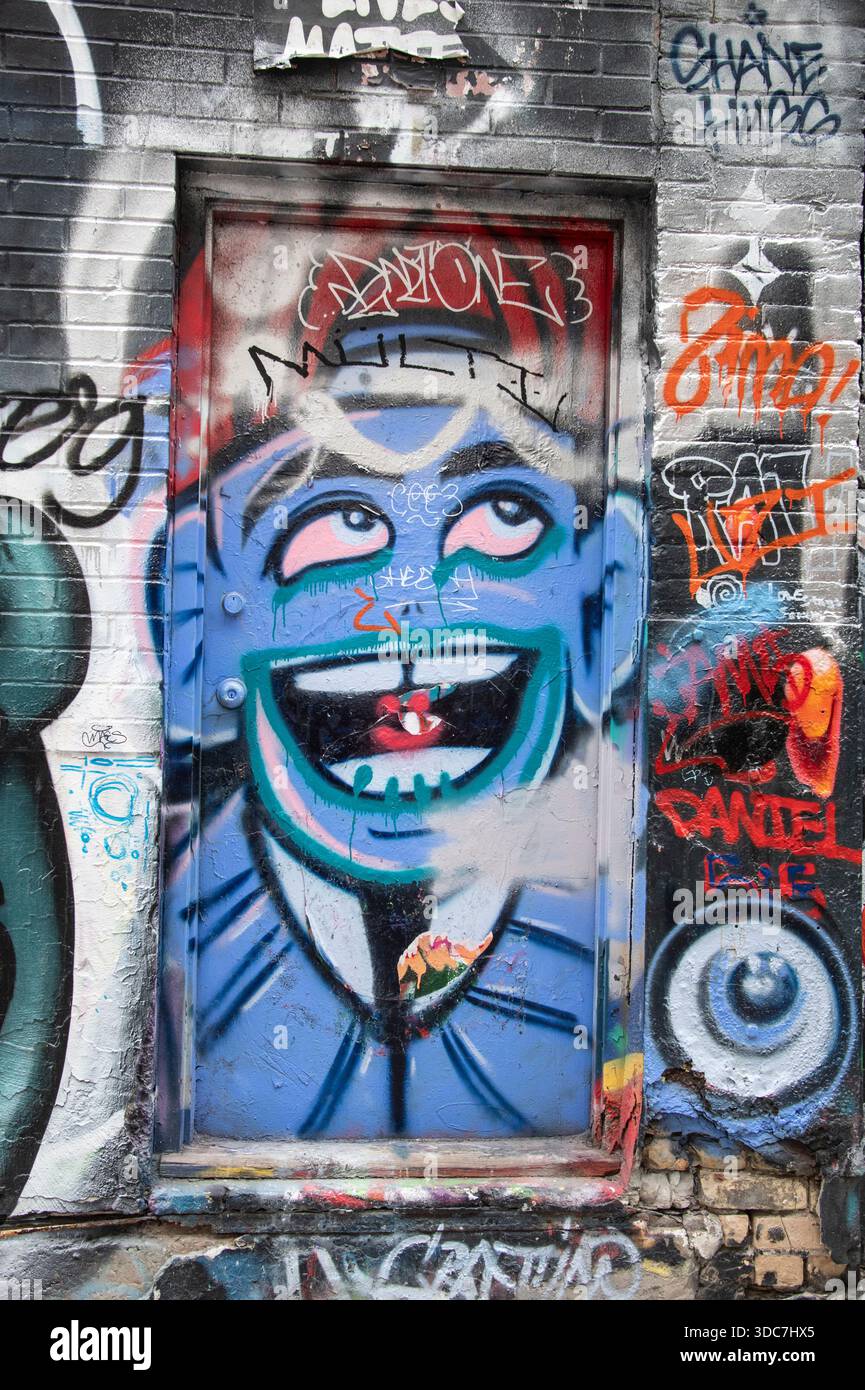 Murales blu del personaggio dei cartoni animati su una porta nel quartiere della moda di Graffiti Alley nel centro di Toronto, Ontario, Canada Foto Stock