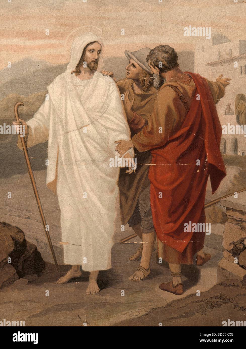 Scena della storia biblica, la strada per Emmaus, una narrazione biblica centrale che descrive come due discepoli di Gesù, dopo la sua crocifissione, siano sulla strada per Emmaus, incontrino Gesù, ma lo riconoscano solo quando rompe il pane, autentica riproduzione di un muro scolastico, storico, circa 1900 Foto Stock