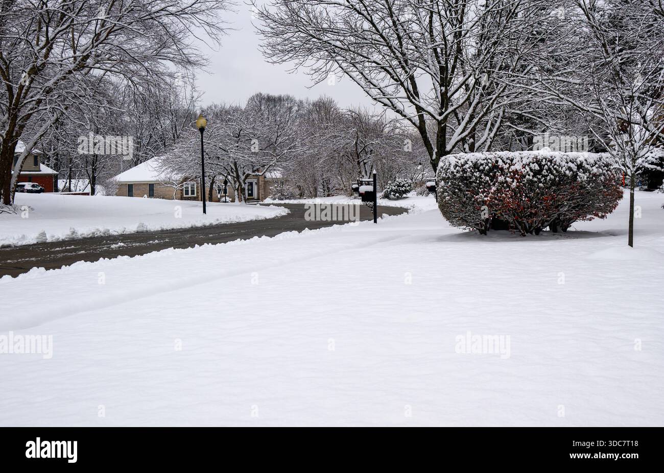 Neve fresca copre il terreno in un quartiere residenziale. Solo la strada è stata arata. Foto Stock