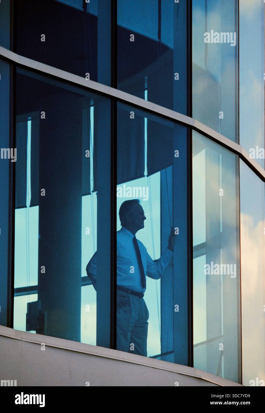 I professionisti del settore si trovano accanto a una finestra che guarda fuori dalla finestra di un alto edificio. La luce del sole si riflette sul vetro. La scena mostra concentrazione Foto Stock
