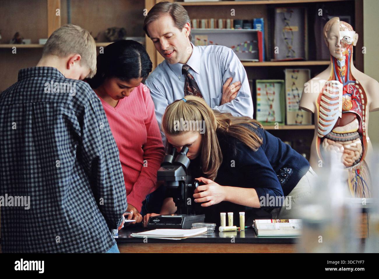 Gli studenti lavorano insieme in una classe di scienze in una scuola. Guardano attraverso un microscopio mentre l'insegnante dà una guida. Un modello del corpo umano è n Foto Stock
