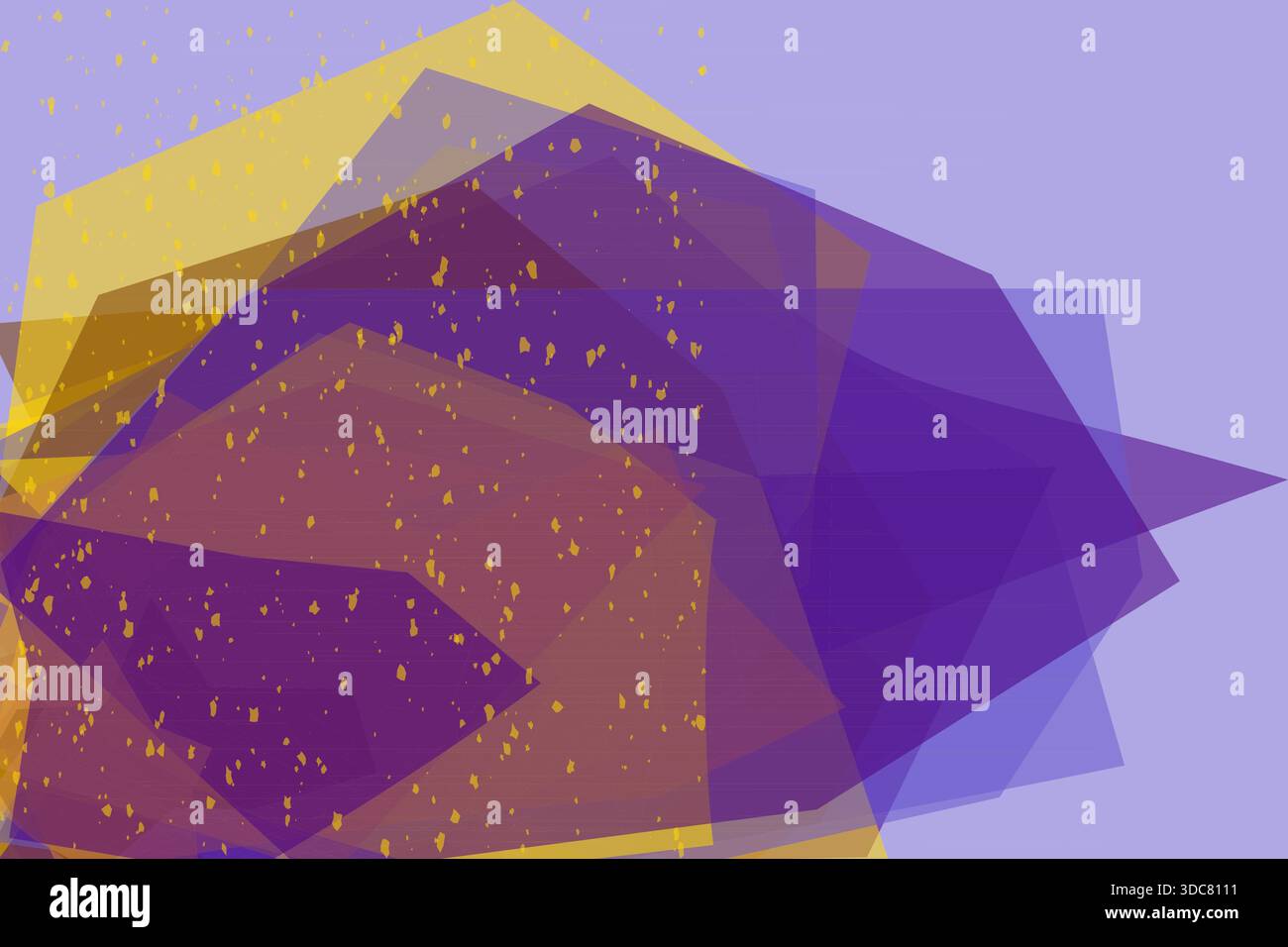 Un'impressionante illustrazione astratta vettoriale con forme geometriche sovrapposte, inclusi esagoni e ottagoni, in vibranti tonalità di viola, giallo, Illustrazione Vettoriale
