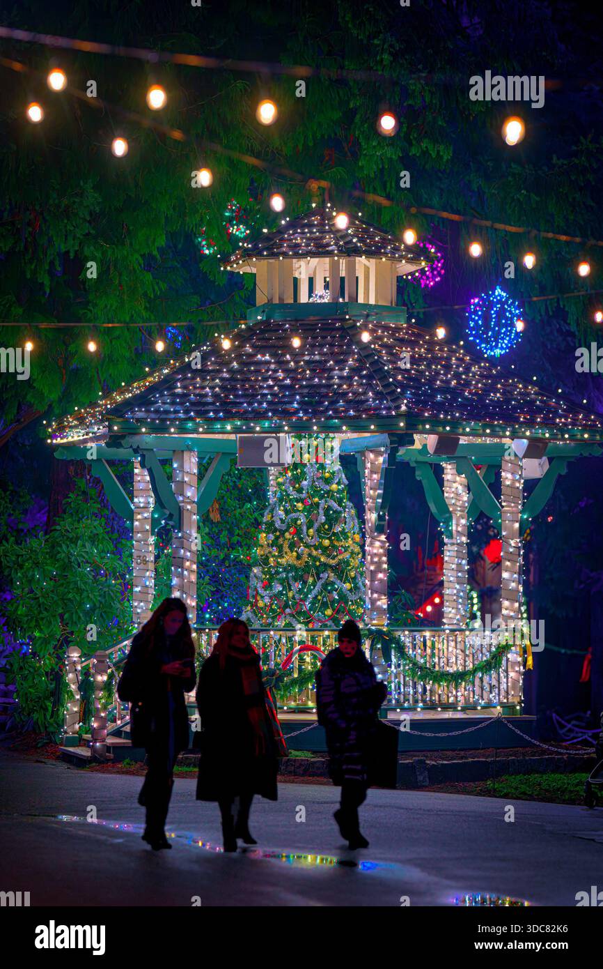Gazebo con albero di Natale, Burnaby Village Museum, Burnaby, British Columbia, Canada Foto Stock