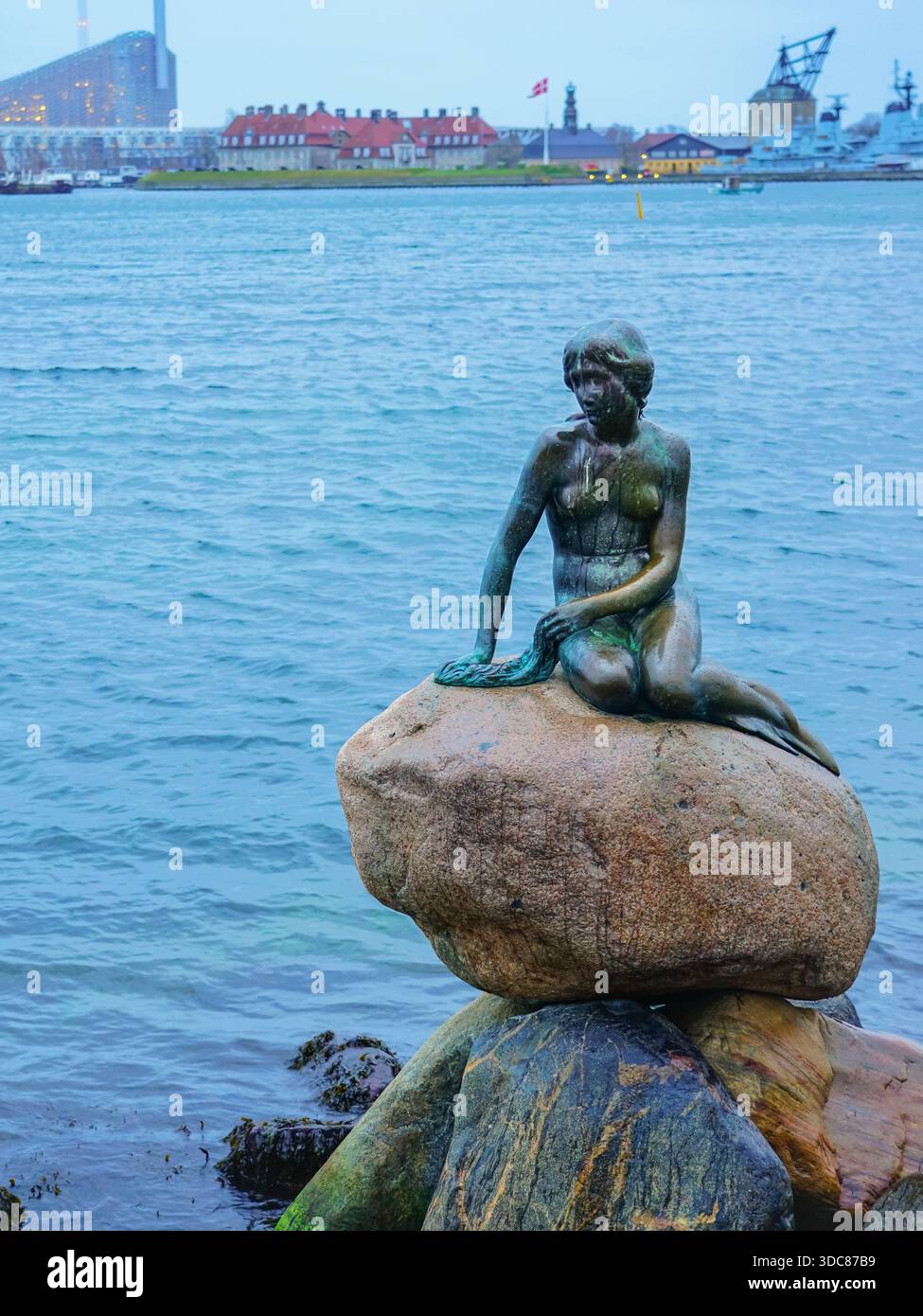 Vista della statua della Piccola Sirena sulla costa del porto di Copenaghen prima della sera del 9 febbraio 2019. Foto Stock