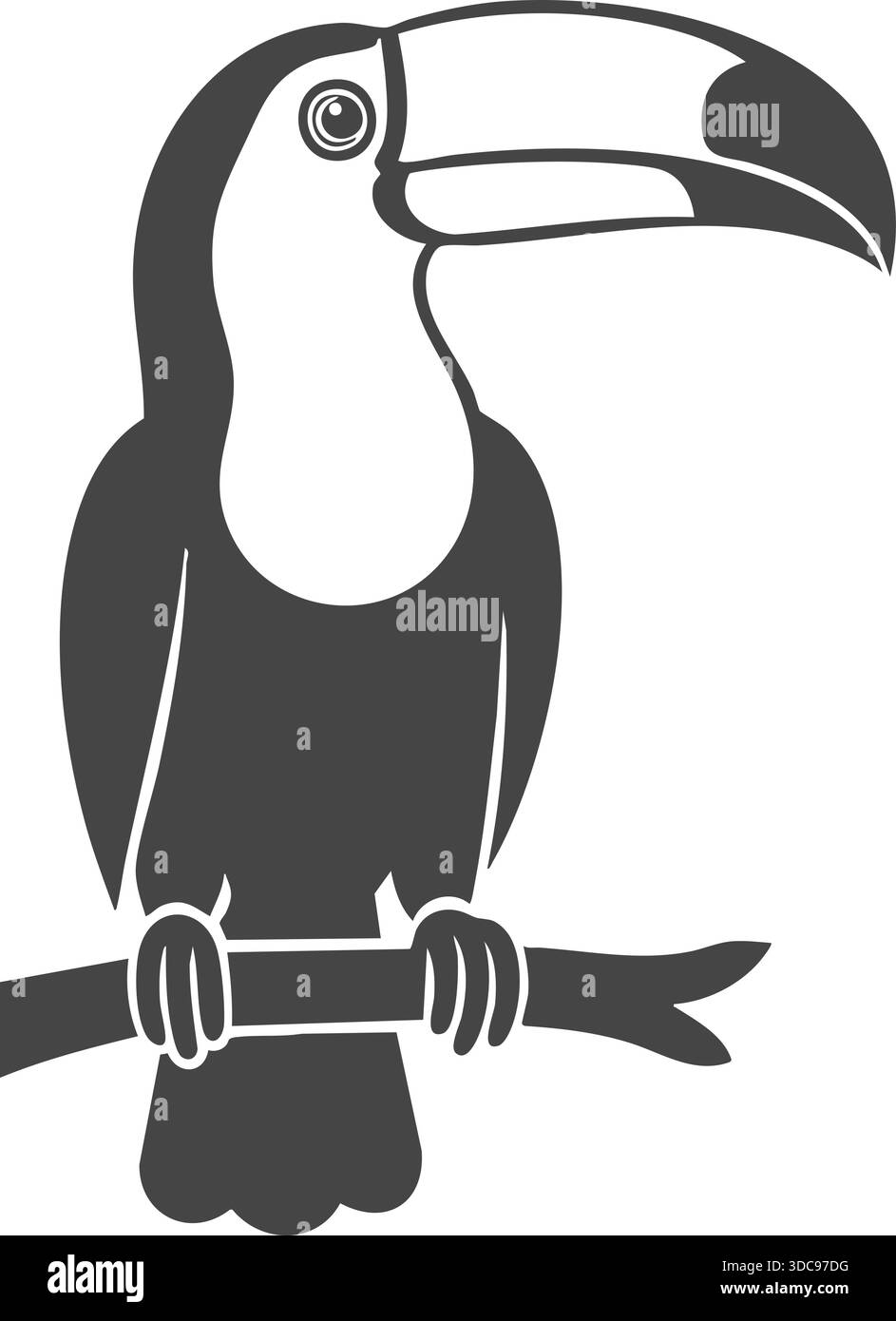 Toucan bianco e nero stilizzato con un grande banchetto in piedi su una filiale. Illustrazione Vettoriale