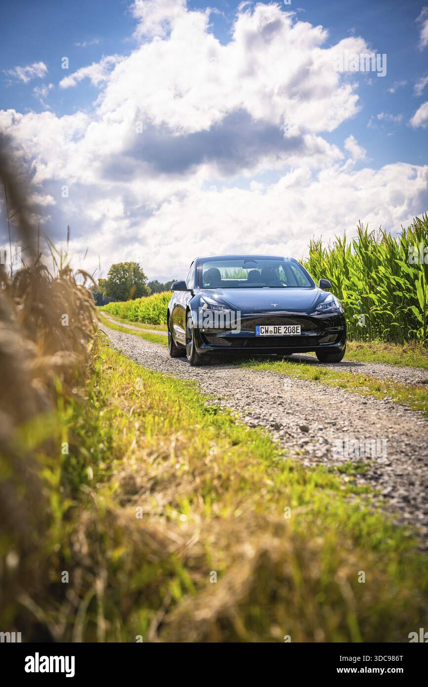 Guida in auto su una strada di campagna circondata da campi e cieli blu, Deer e-Carsharing, Tesla Model 3, Calw, Germania Foto Stock